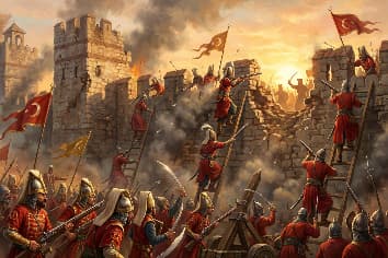 Ottoman Janissaries storming Constantinople walls at dawn